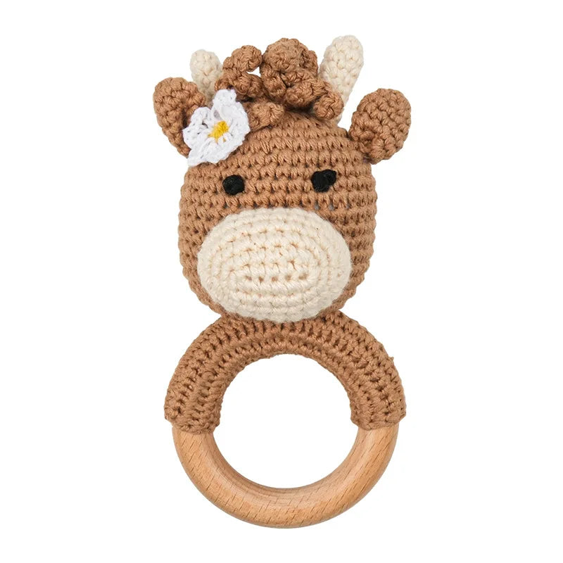 Natural Beech Wood Baby Soothing Teething Ring | CPC Certified Handmade Crochet Cotton Bunny Rattle