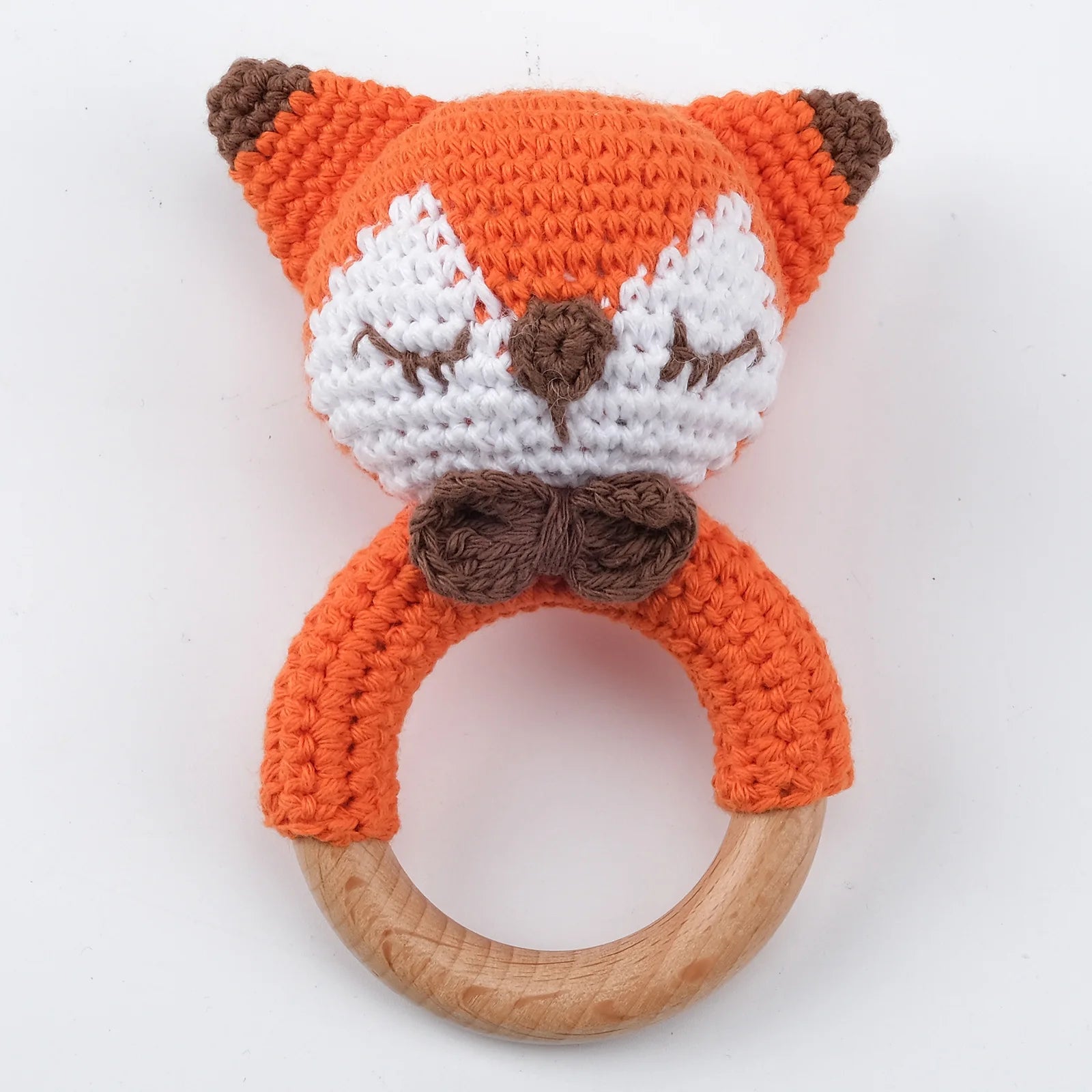 Natural Beech Wood Baby Soothing Teething Ring | CPC Certified Handmade Crochet Cotton Bunny Rattle