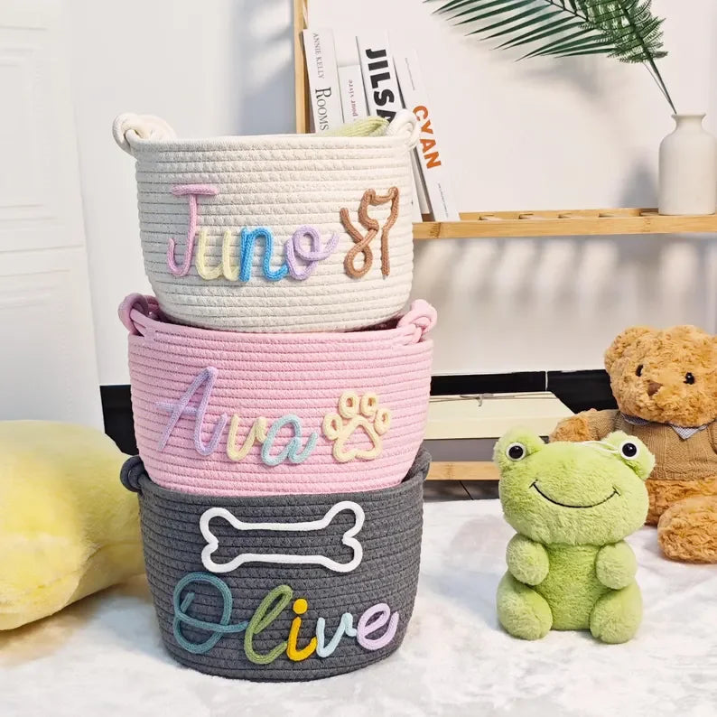 Personalized Embroidered Name Custom Woven Cotton Rope Bag Baby Storage Basket