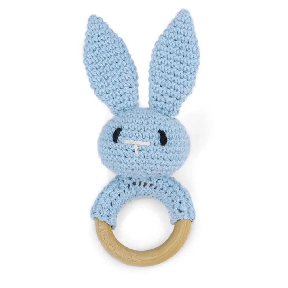 Natural Beech Wood Baby Soothing Teething Ring | CPC Certified Handmade Crochet Cotton Bunny Rattle