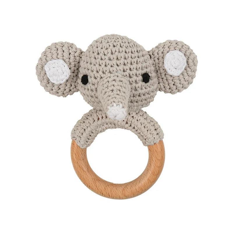 Natural Beech Wood Baby Soothing Teething Ring | CPC Certified Handmade Crochet Cotton Bunny Rattle