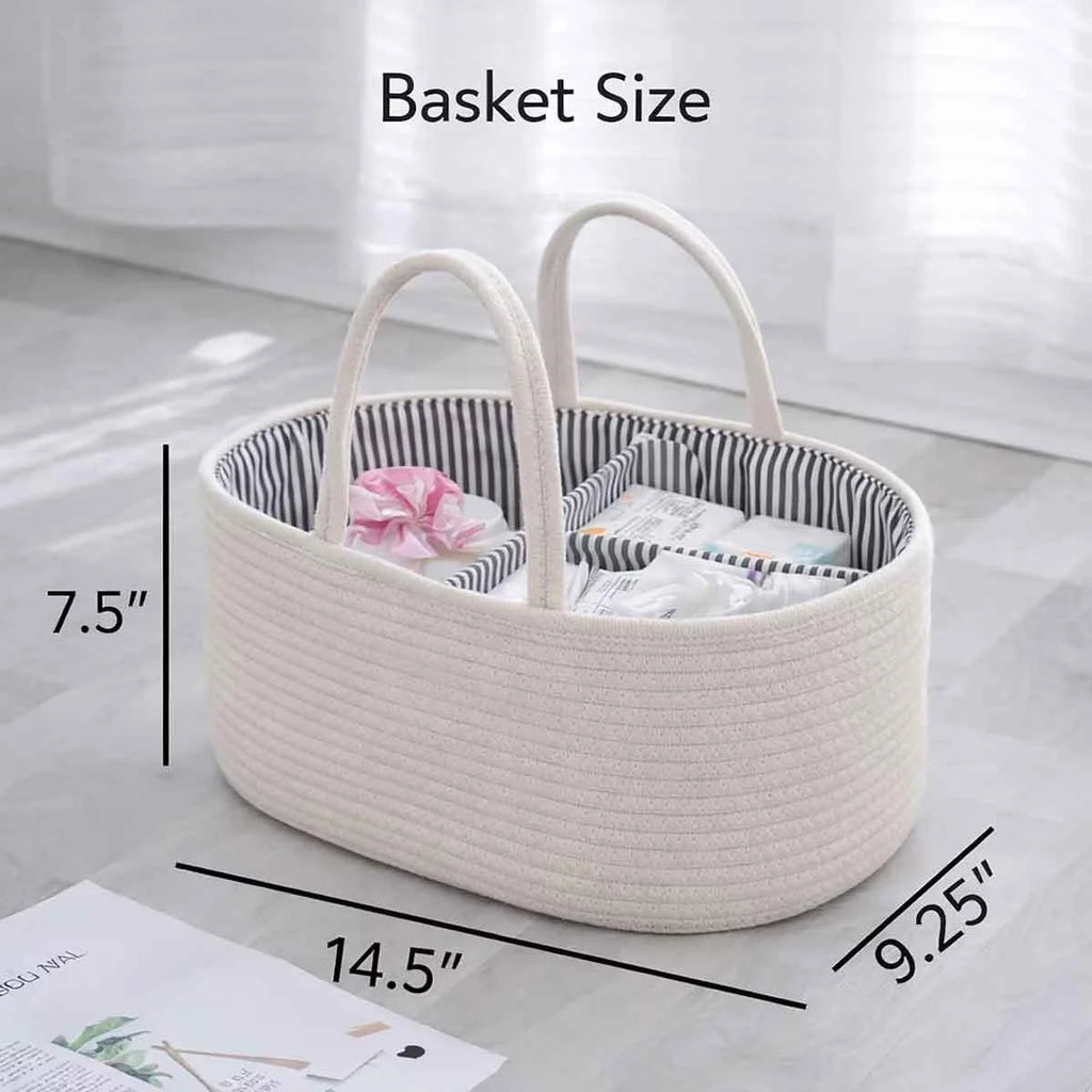 A rope-style storage basket with two handles on a light floor, shown with overlaid dimension lines and text reading 'Basket Size' and measurements 7.5", 14.