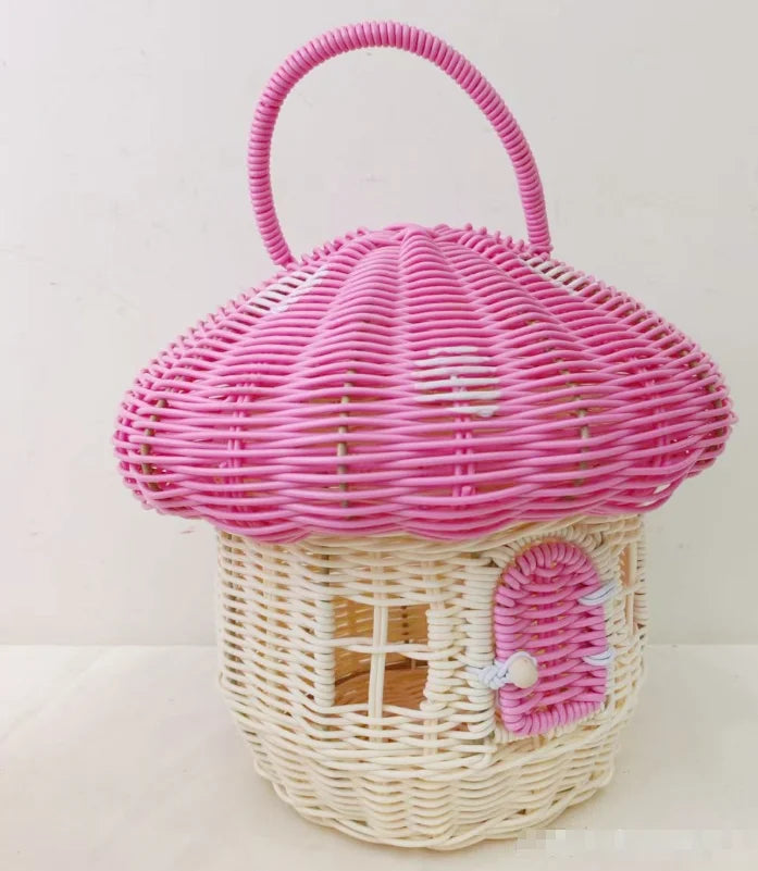 Whimsical Mushroom Storage Basket | Handwoven Kids Room Organizer