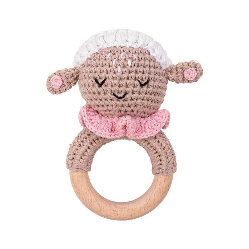 Natural Beech Wood Baby Soothing Teething Ring | CPC Certified Handmade Crochet Cotton Bunny Rattle