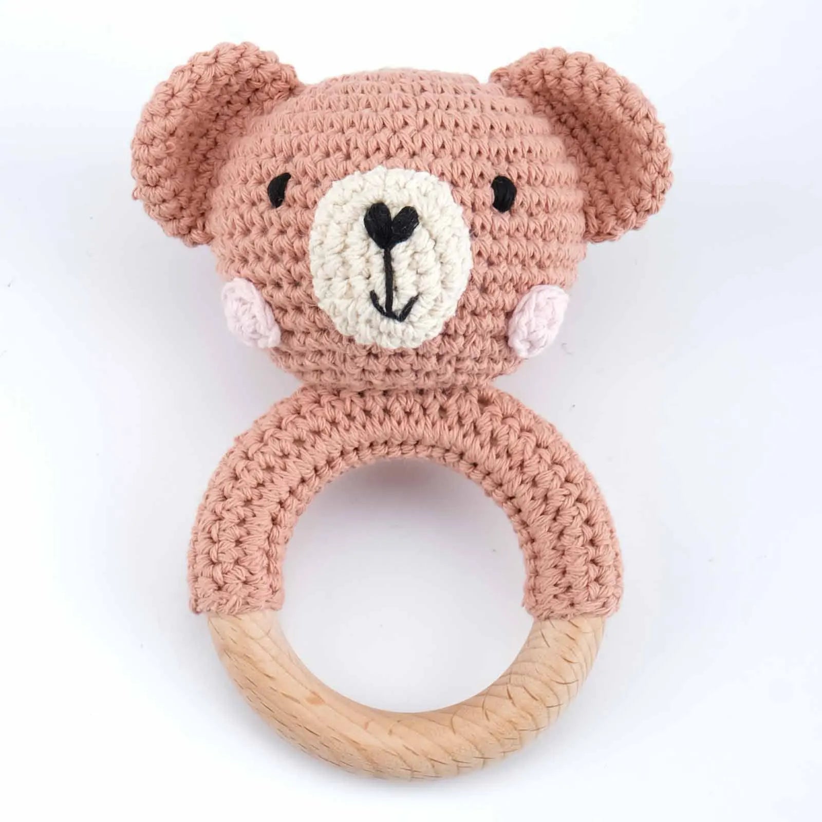 Natural Beech Wood Baby Soothing Teething Ring | CPC Certified Handmade Crochet Cotton Bunny Rattle