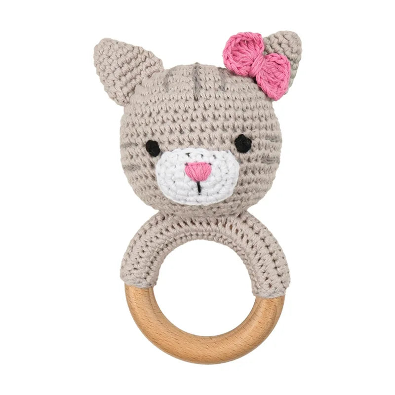 Natural Beech Wood Baby Soothing Teething Ring | CPC Certified Handmade Crochet Cotton Bunny Rattle