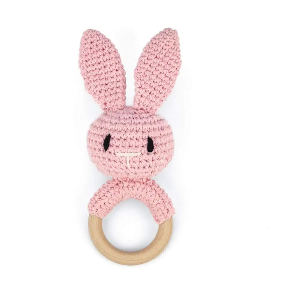 Natural Beech Wood Baby Soothing Teething Ring | CPC Certified Handmade Crochet Cotton Bunny Rattle