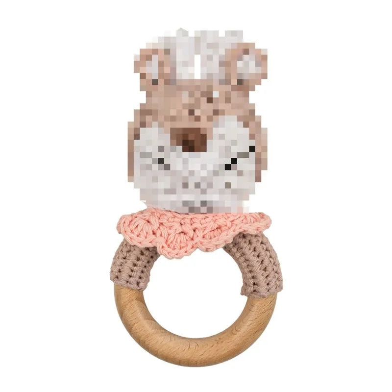 Natural Beech Wood Baby Soothing Teething Ring | CPC Certified Handmade Crochet Cotton Bunny Rattle