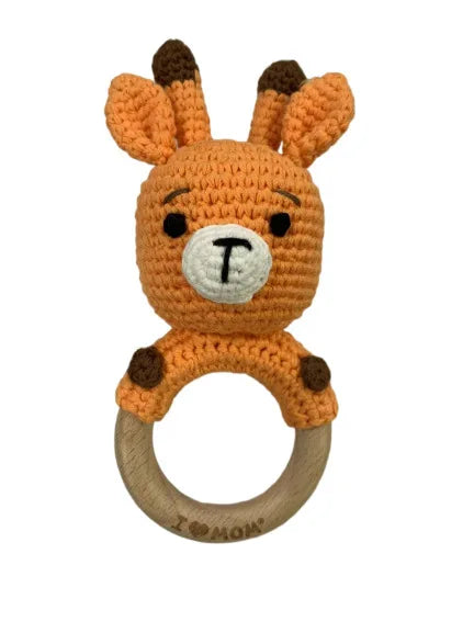 Natural Beech Wood Baby Soothing Teething Ring | CPC Certified Handmade Crochet Cotton Bunny Rattle
