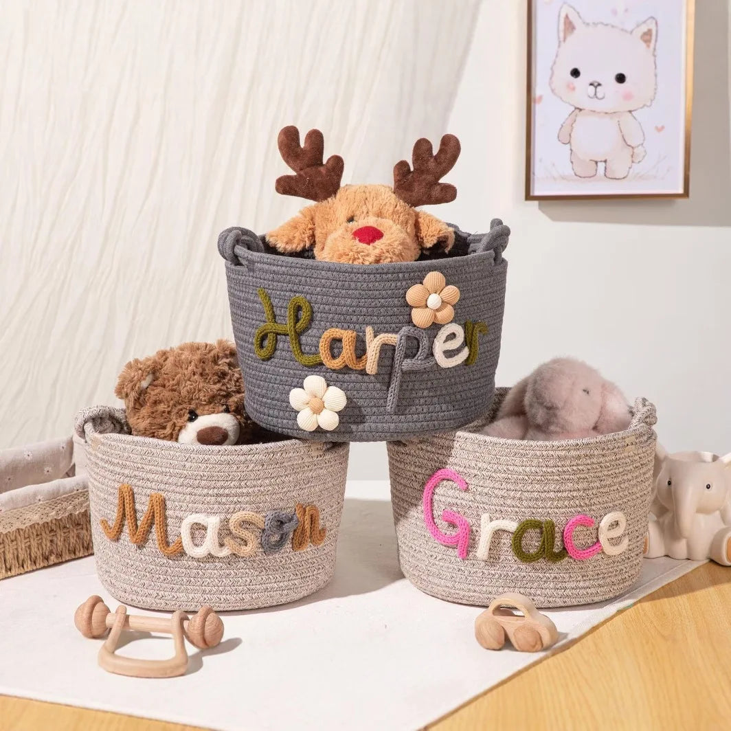 Personalized Embroidered Name Custom Woven Cotton Rope Bag Baby Storage Basket