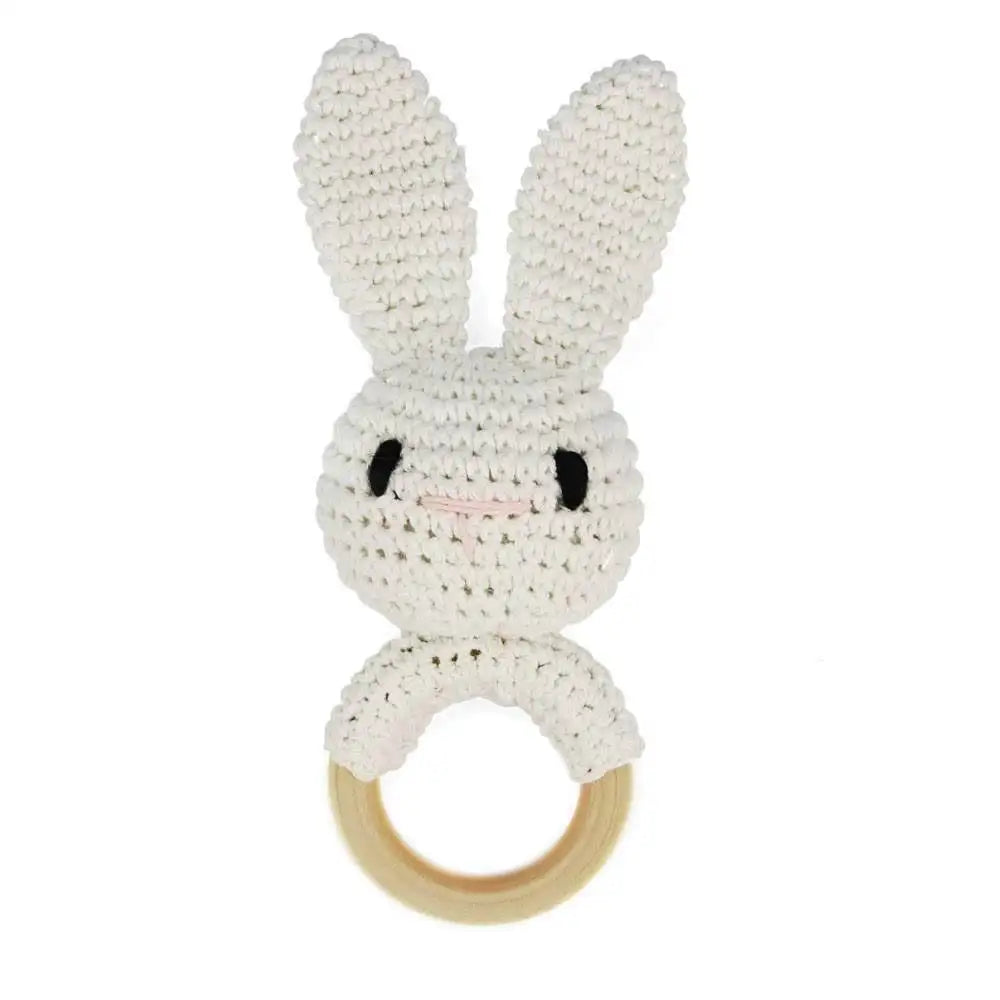 Natural Beech Wood Baby Soothing Teething Ring | CPC Certified Handmade Crochet Cotton Bunny Rattle