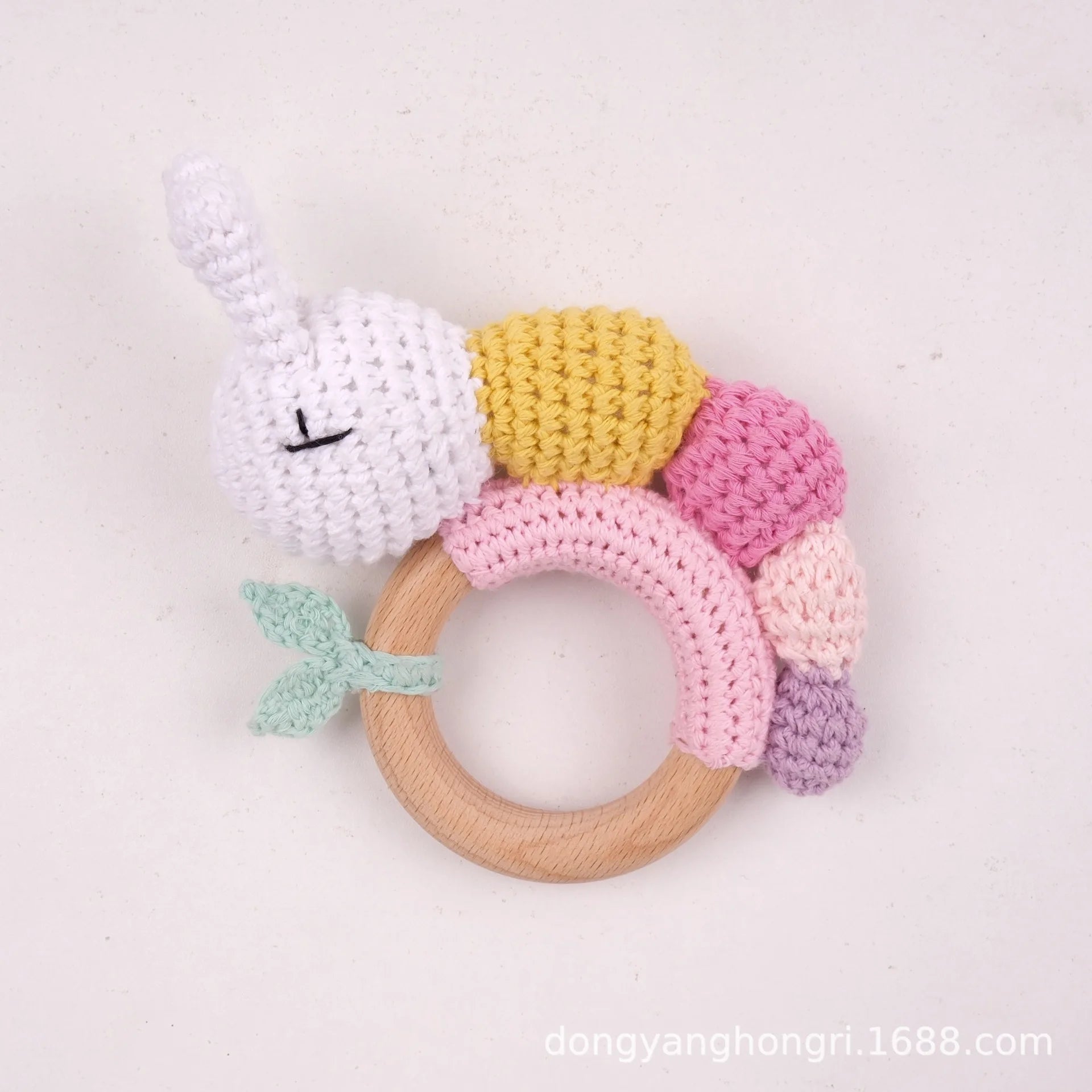 Natural Beech Wood Baby Soothing Teething Ring | CPC Certified Handmade Crochet Cotton Bunny Rattle