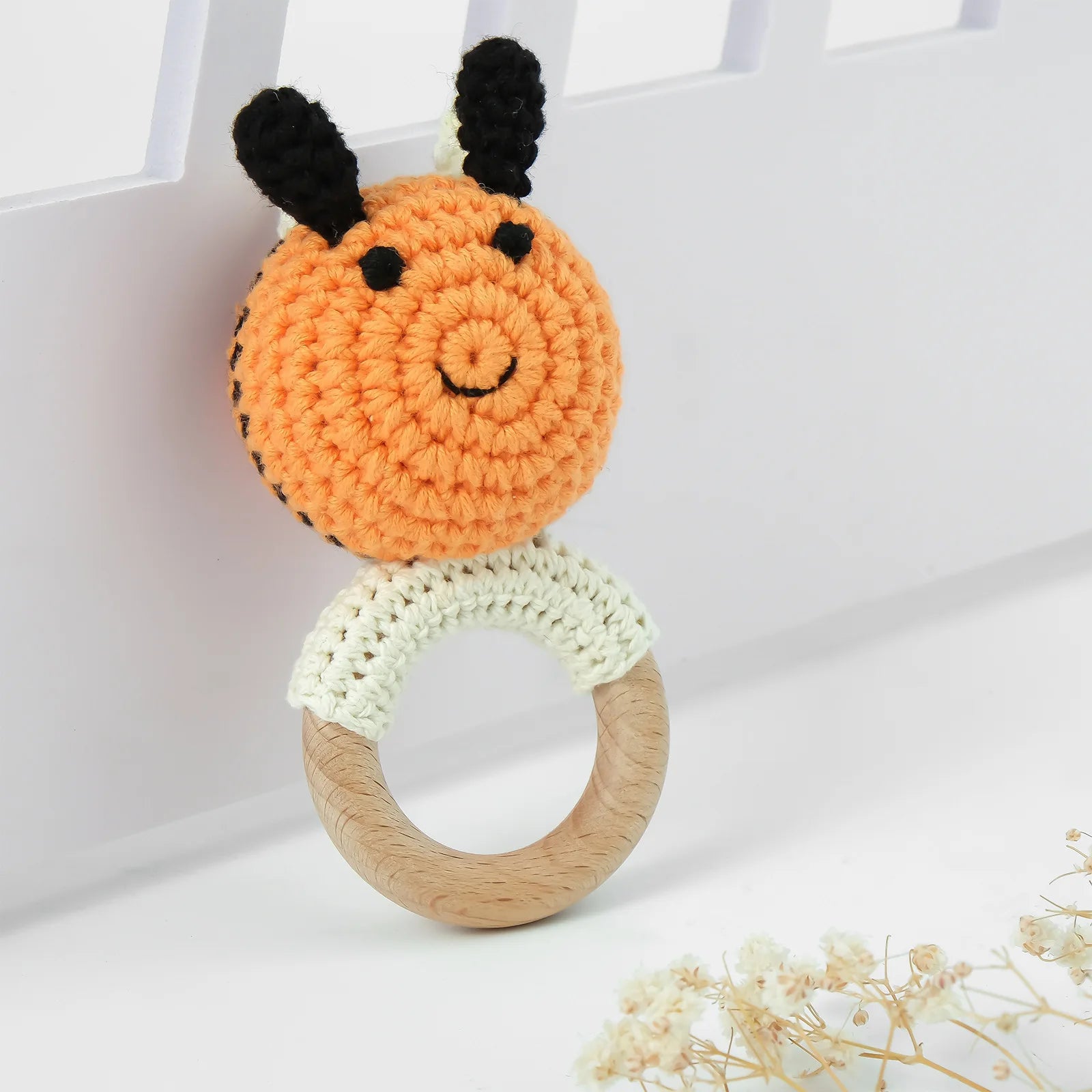 Natural Beech Wood Baby Soothing Teething Ring | CPC Certified Handmade Crochet Cotton Bunny Rattle