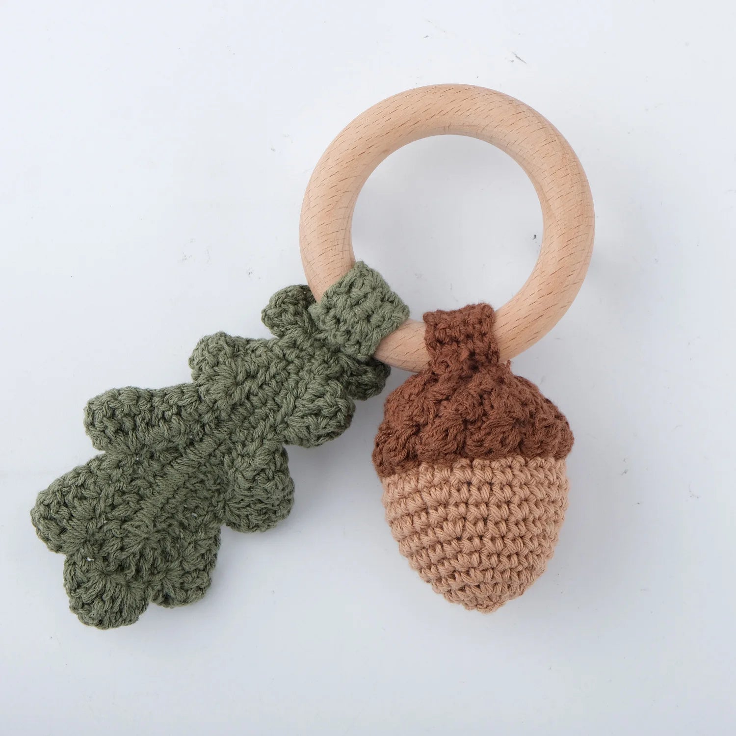 Natural Beech Wood Baby Soothing Teething Ring | CPC Certified Handmade Crochet Cotton Bunny Rattle