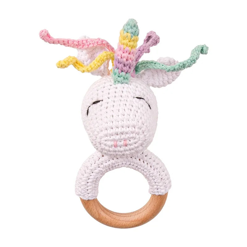 Natural Beech Wood Baby Soothing Teething Ring | CPC Certified Handmade Crochet Cotton Bunny Rattle