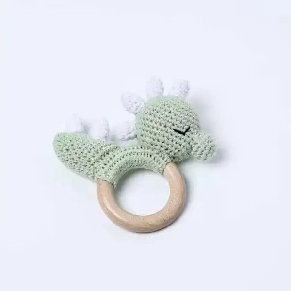 Natural Beech Wood Baby Soothing Teething Ring | CPC Certified Handmade Crochet Cotton Bunny Rattle