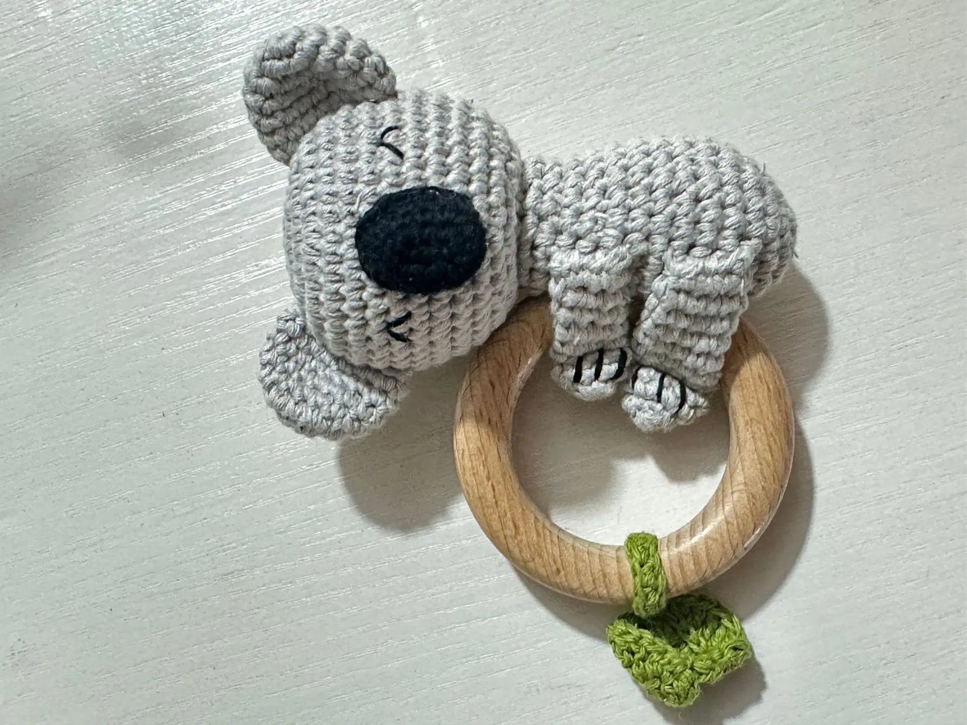 Natural Beech Wood Baby Soothing Teething Ring | CPC Certified Handmade Crochet Cotton Bunny Rattle