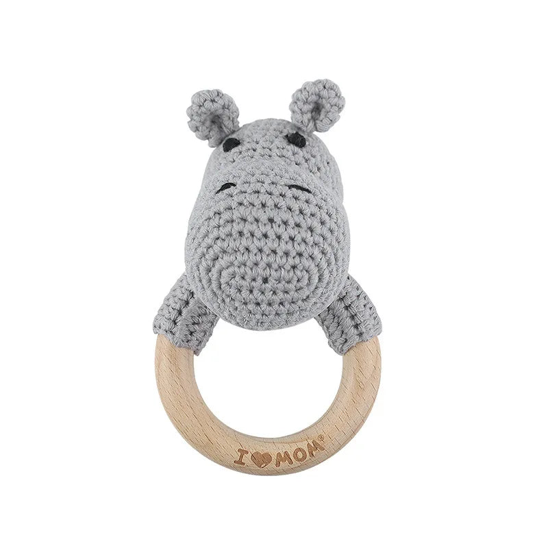 Natural Beech Wood Baby Soothing Teething Ring | CPC Certified Handmade Crochet Cotton Bunny Rattle