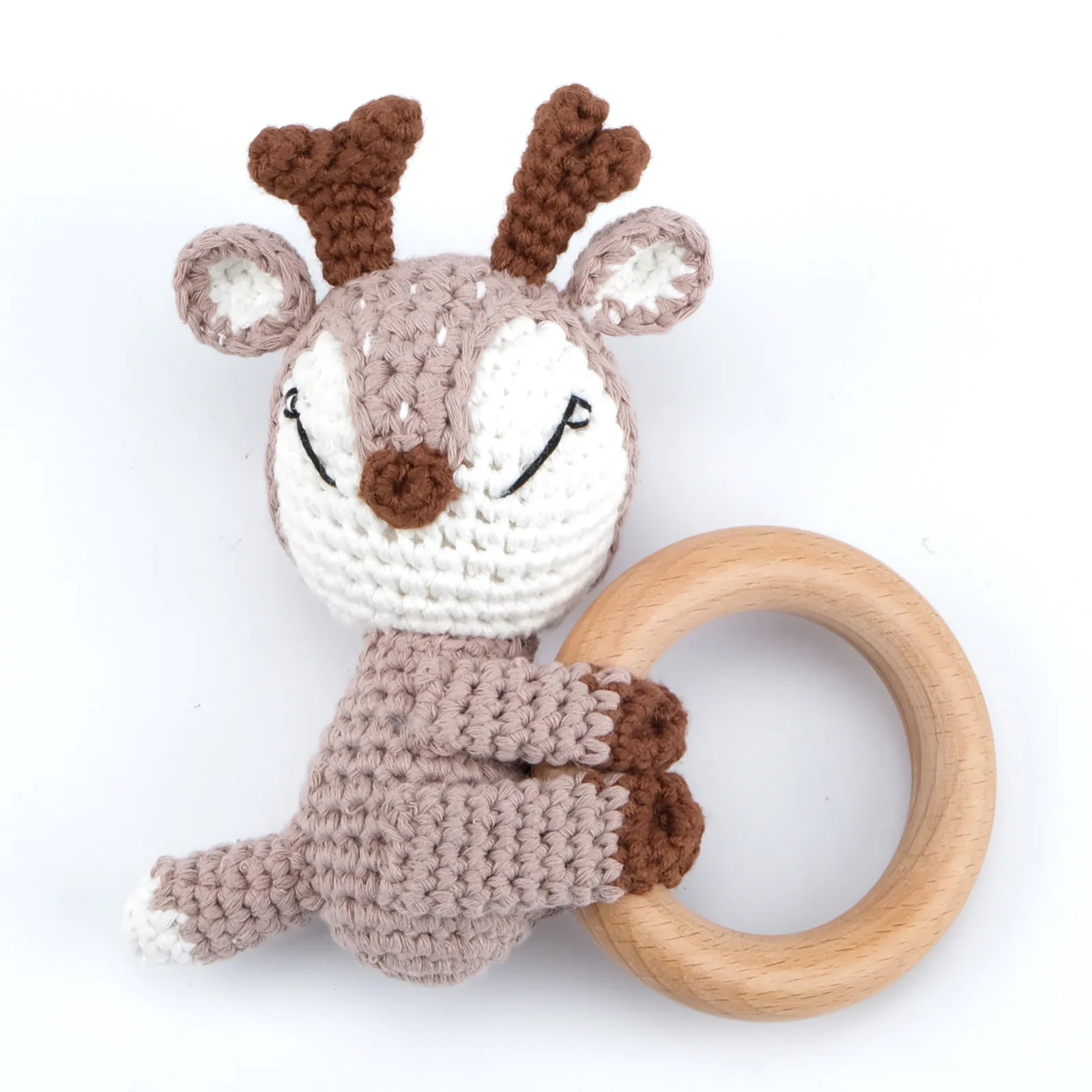 Natural Beech Wood Baby Soothing Teething Ring | CPC Certified Handmade Crochet Cotton Bunny Rattle