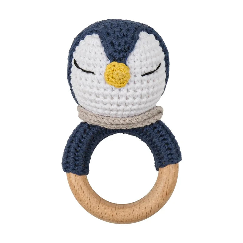 Natural Beech Wood Baby Soothing Teething Ring | CPC Certified Handmade Crochet Cotton Bunny Rattle