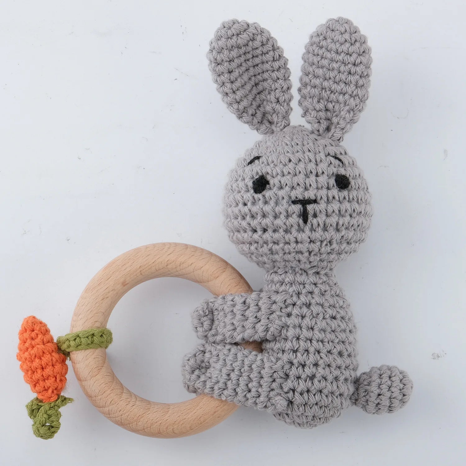 Natural Beech Wood Baby Soothing Teething Ring | CPC Certified Handmade Crochet Cotton Bunny Rattle
