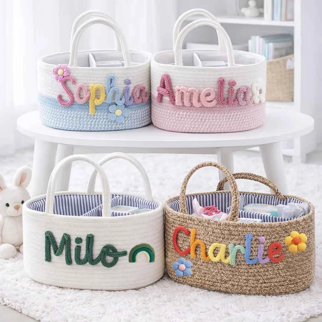 Personalized Nappy Caddy | Woven Nursery Organizer for Baby Room & Home Storage