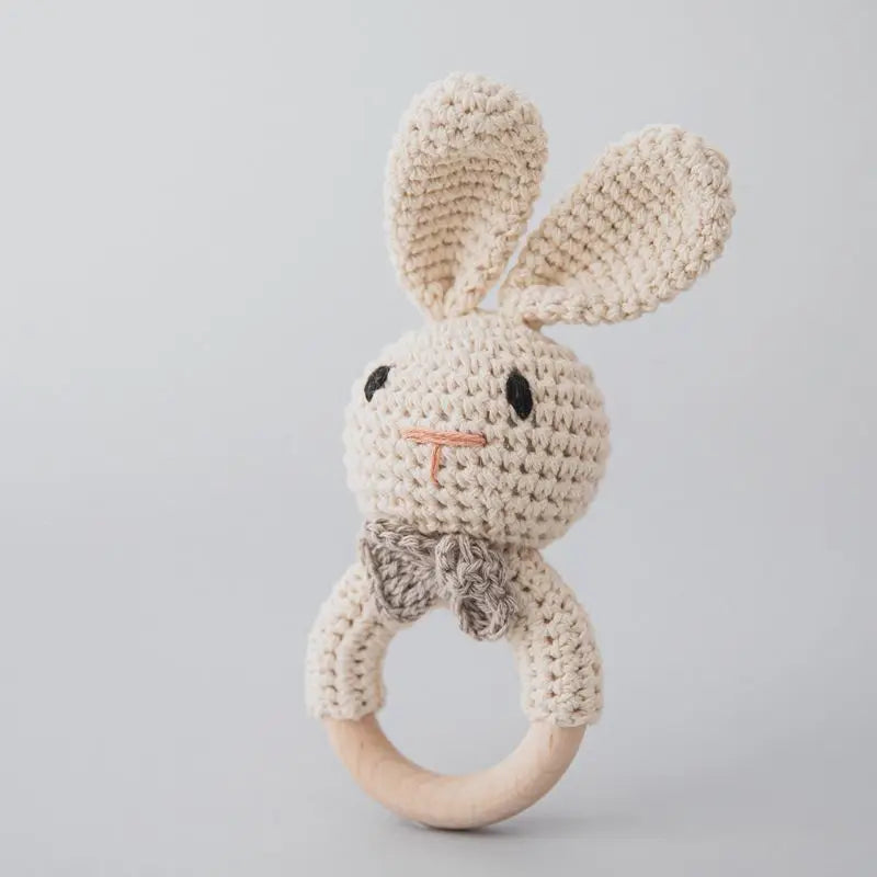 Natural Beech Wood Baby Soothing Teething Ring | CPC Certified Handmade Crochet Cotton Bunny Rattle