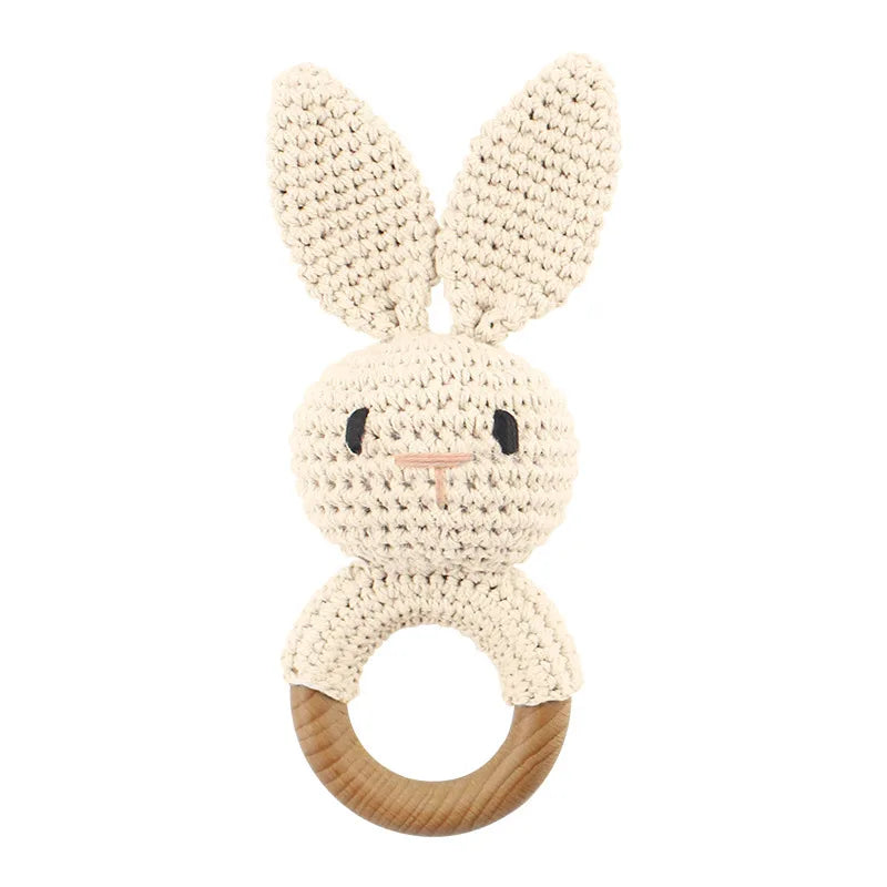 Natural Beech Wood Baby Soothing Teething Ring | CPC Certified Handmade Crochet Cotton Bunny Rattle
