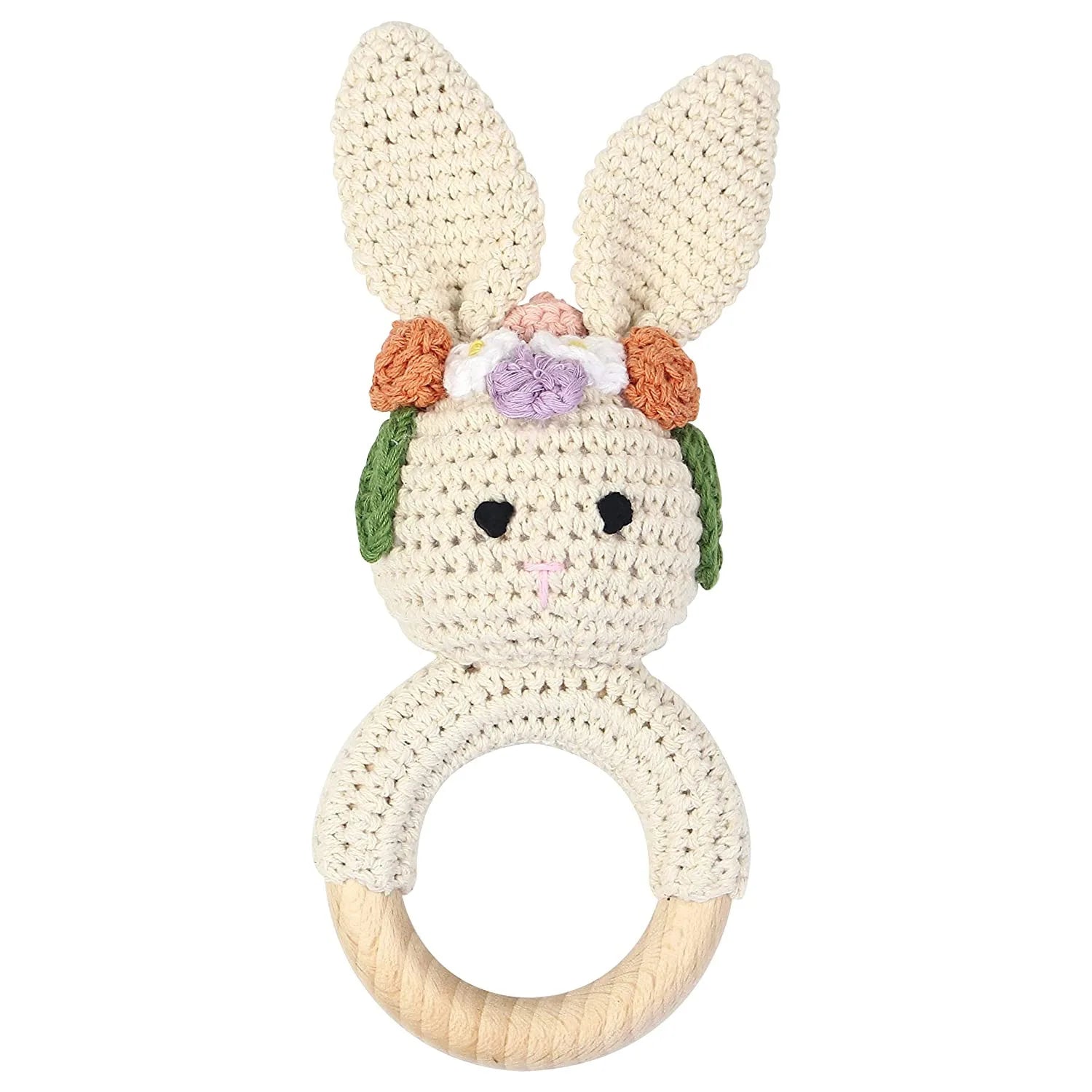 Natural Beech Wood Baby Soothing Teething Ring | CPC Certified Handmade Crochet Cotton Bunny Rattle