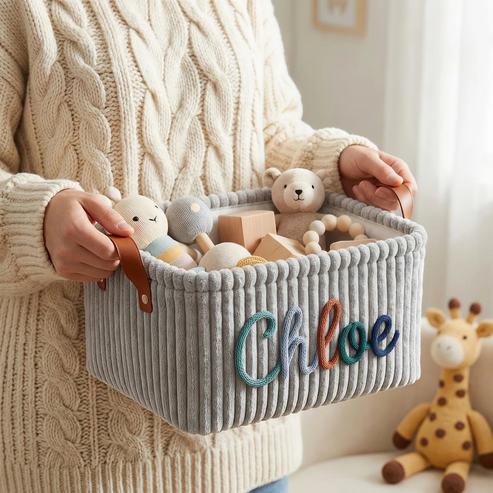 Custom Baby Diaper Caddy | Personalized Corduroy Storage Bin
