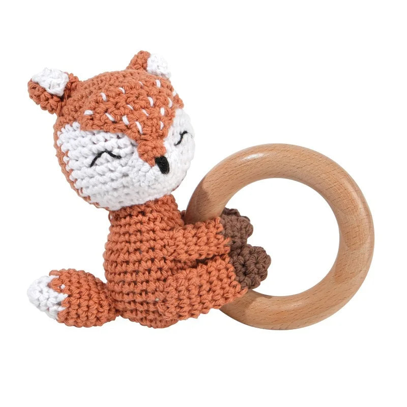 Natural Beech Wood Baby Soothing Teething Ring | CPC Certified Handmade Crochet Cotton Bunny Rattle