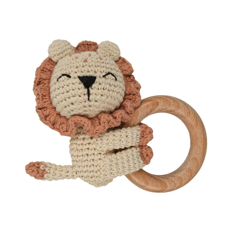 Natural Beech Wood Baby Soothing Teething Ring | CPC Certified Handmade Crochet Cotton Bunny Rattle