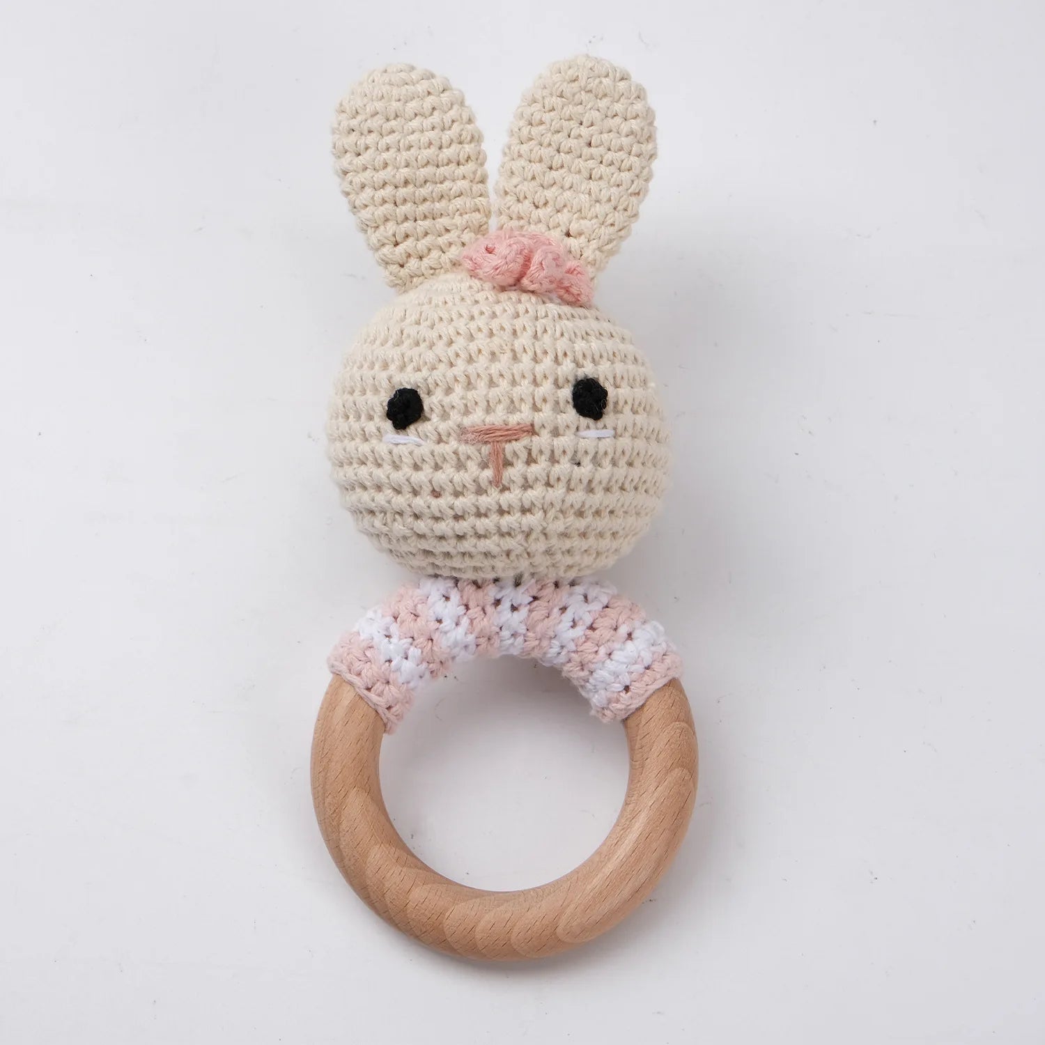 Natural Beech Wood Baby Soothing Teething Ring | CPC Certified Handmade Crochet Cotton Bunny Rattle