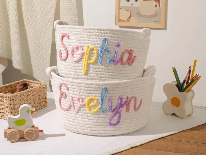 Personalized Embroidered Name Custom Woven Cotton Rope Bag Baby Storage Basket