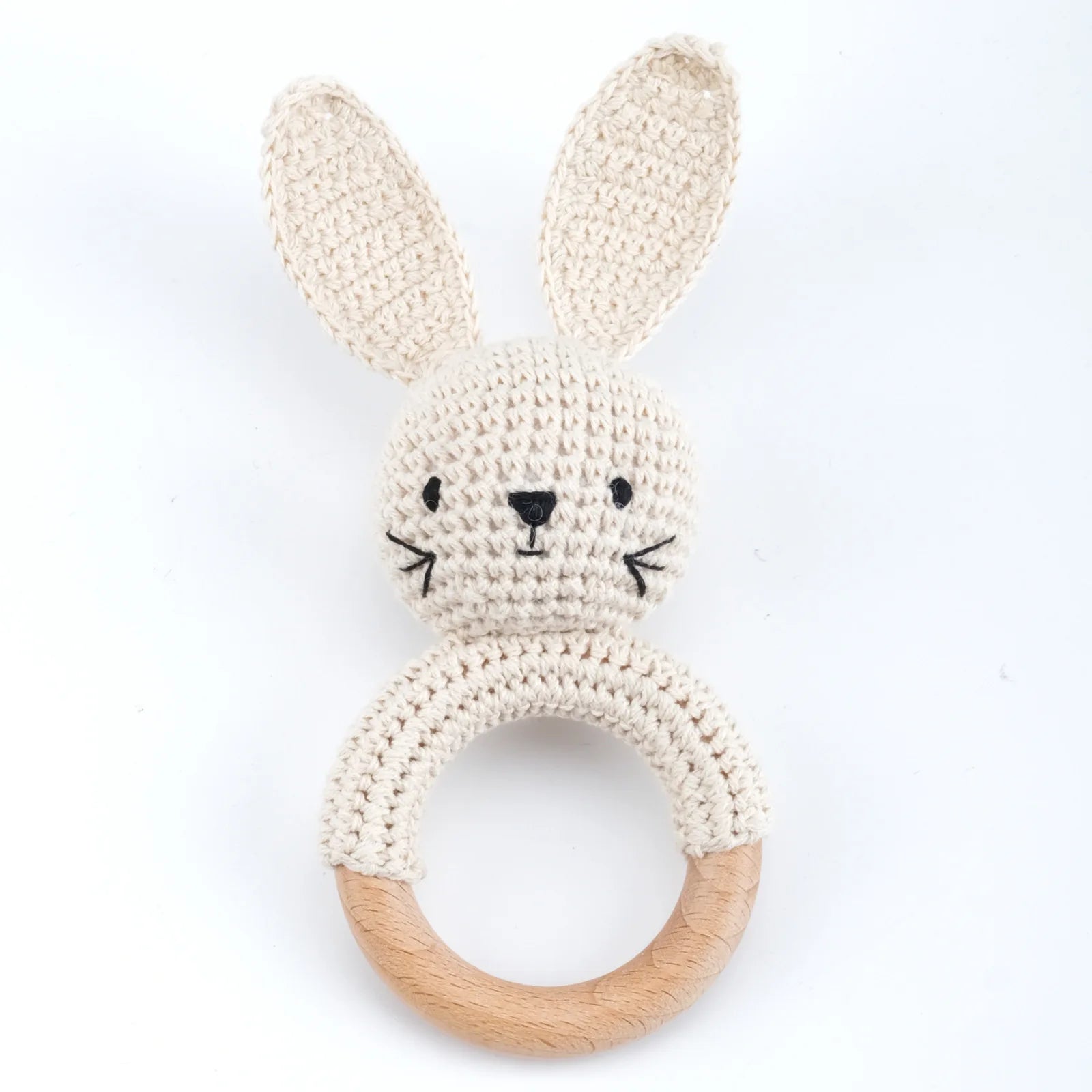 Natural Beech Wood Baby Soothing Teething Ring | CPC Certified Handmade Crochet Cotton Bunny Rattle