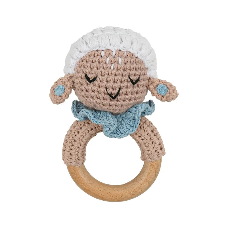 Natural Beech Wood Baby Soothing Teething Ring | CPC Certified Handmade Crochet Cotton Bunny Rattle