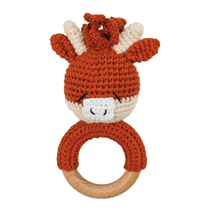 Natural Beech Wood Baby Soothing Teething Ring | CPC Certified Handmade Crochet Cotton Bunny Rattle
