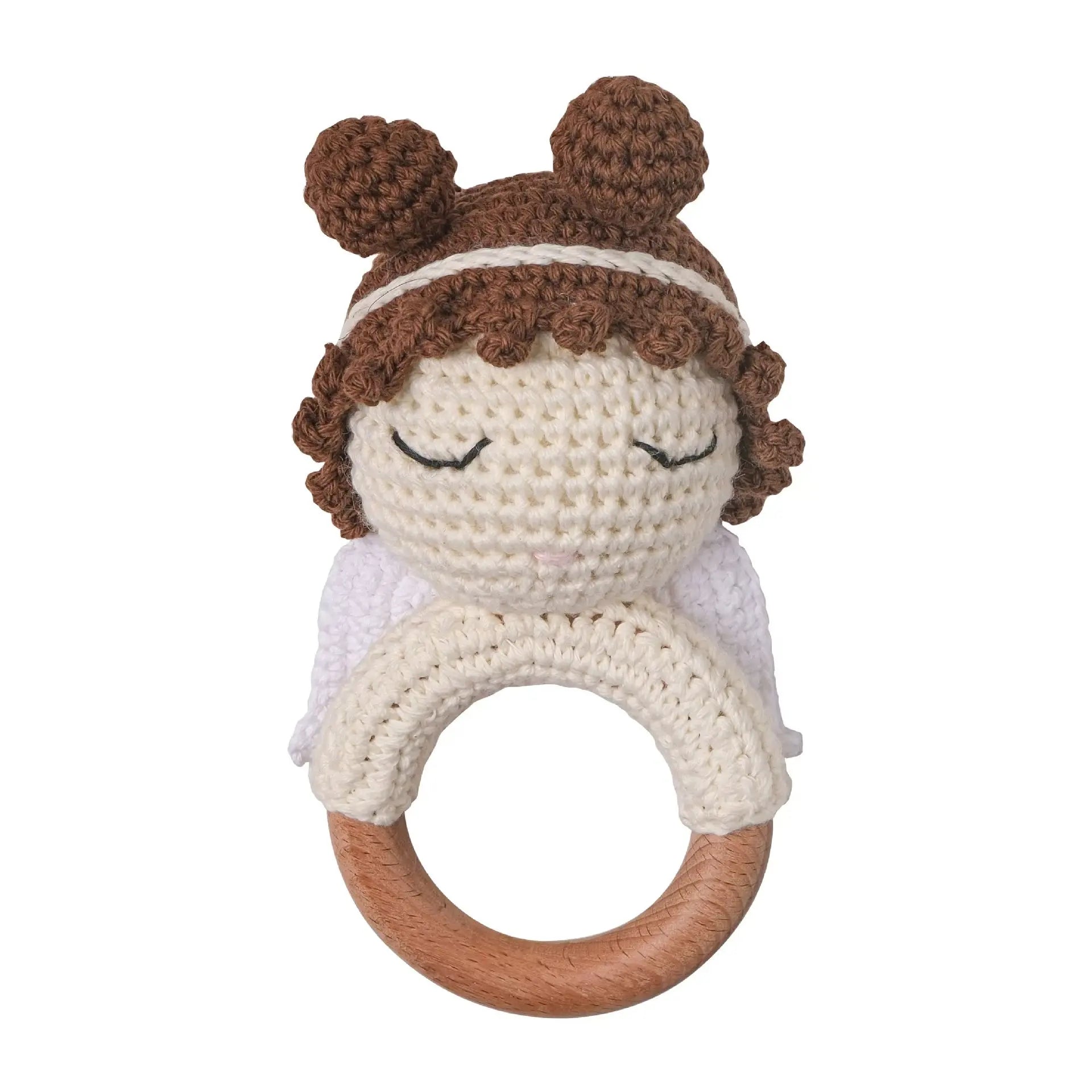 Natural Beech Wood Baby Soothing Teething Ring | CPC Certified Handmade Crochet Cotton Bunny Rattle