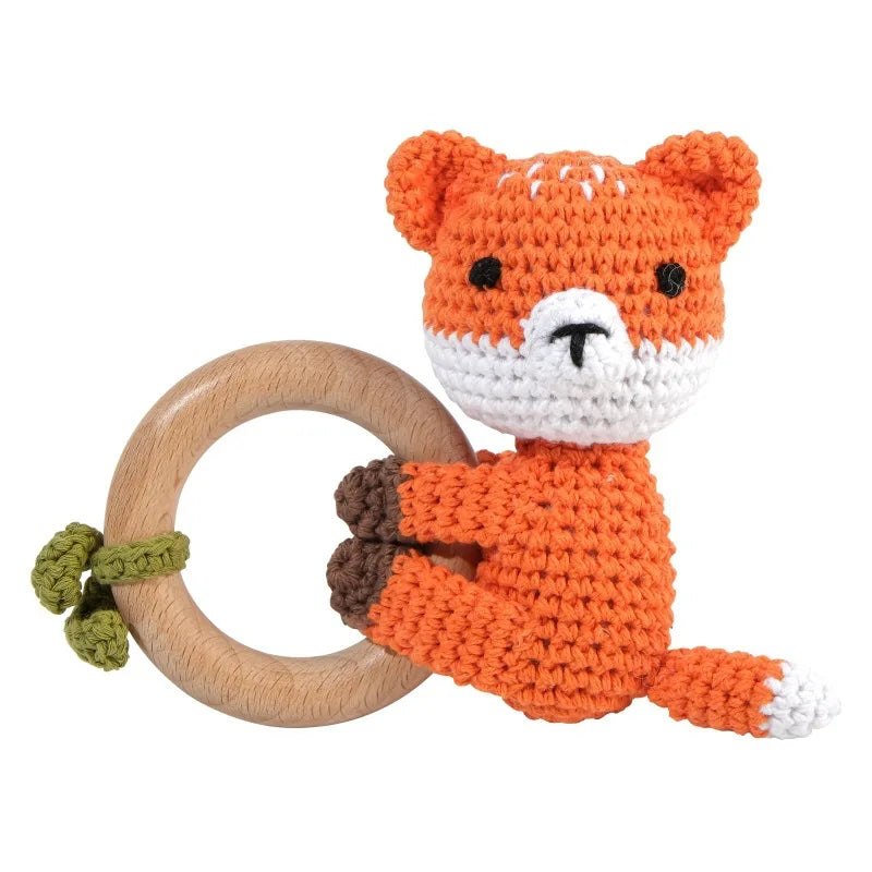 Natural Beech Wood Baby Soothing Teething Ring | CPC Certified Handmade Crochet Cotton Bunny Rattle