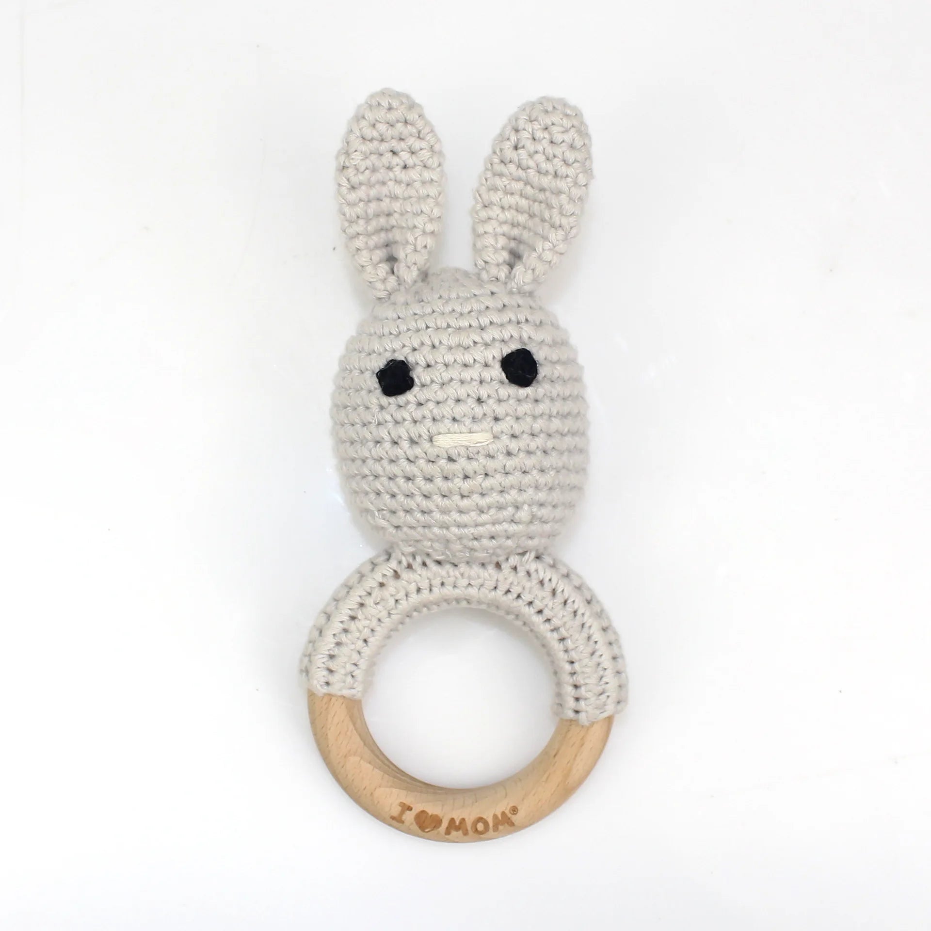 Natural Beech Wood Baby Soothing Teething Ring | CPC Certified Handmade Crochet Cotton Bunny Rattle