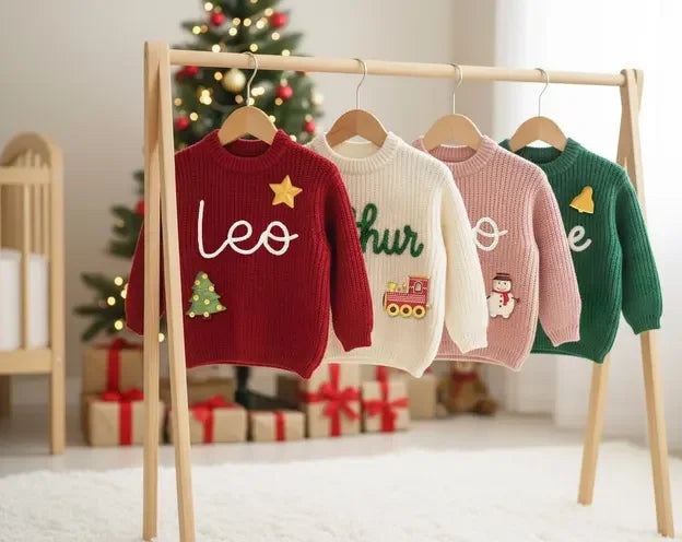 Four personalized Christmas knit sweaters in red, cream, pink, and green hang on a wooden clothing rack in a cozy room with a decorated Christmas tree and wrapped gifts in the background. The sweaters feature personalized names, stars, and holiday motifs.