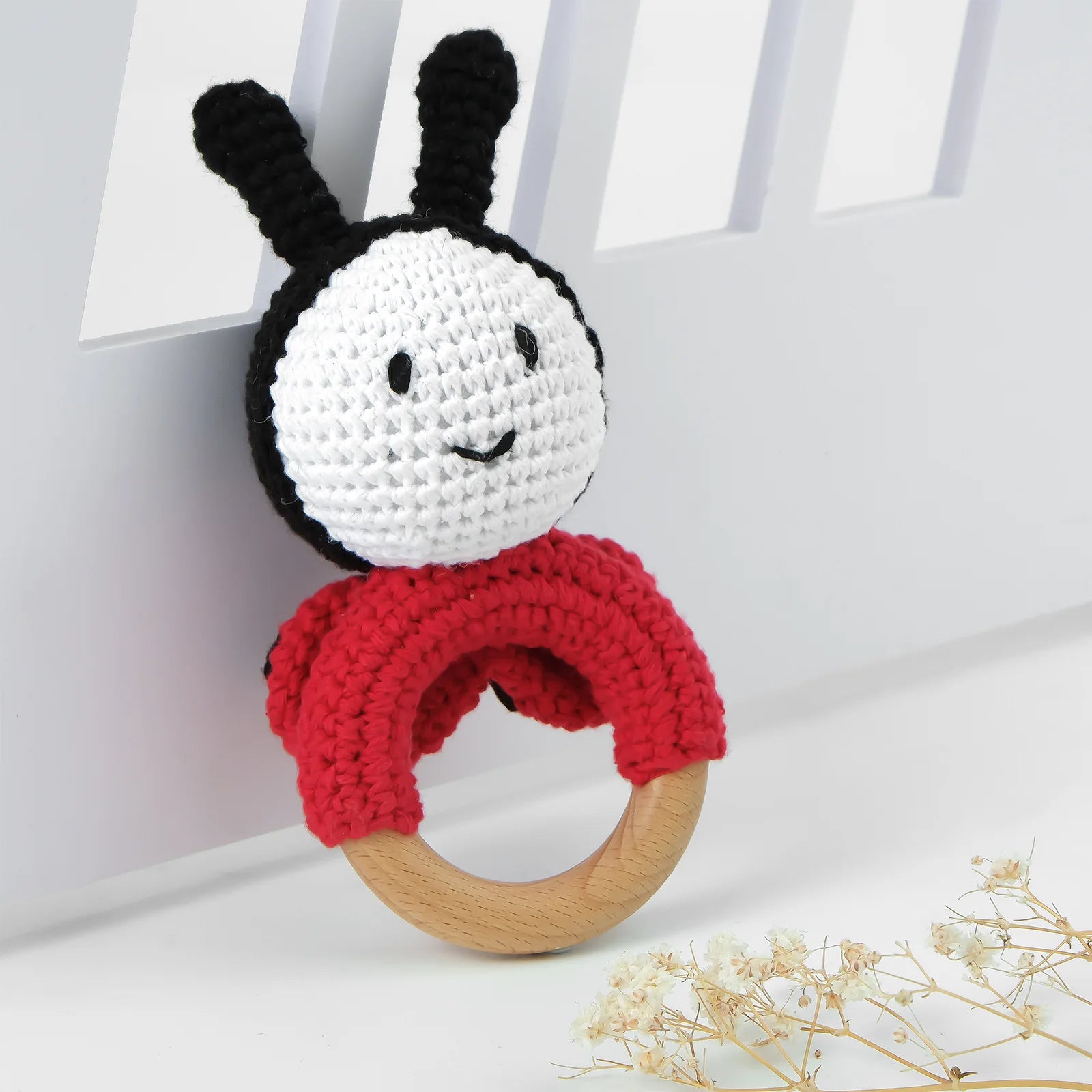 Natural Beech Wood Baby Soothing Teething Ring | CPC Certified Handmade Crochet Cotton Bunny Rattle