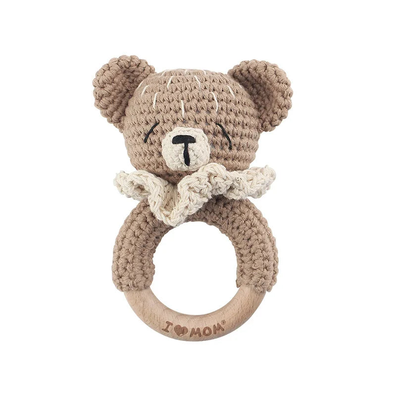 Natural Beech Wood Baby Soothing Teething Ring | CPC Certified Handmade Crochet Cotton Bunny Rattle