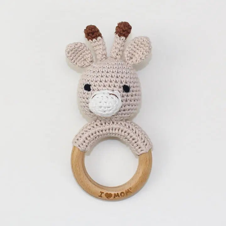 Natural Beech Wood Baby Soothing Teething Ring | CPC Certified Handmade Crochet Cotton Bunny Rattle