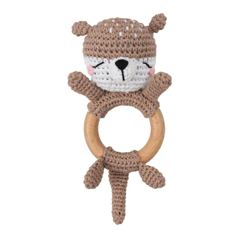 Natural Beech Wood Baby Soothing Teething Ring | CPC Certified Handmade Crochet Cotton Bunny Rattle