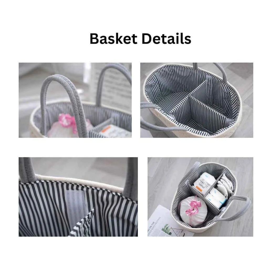 Four-panel close-up collage titled 'Basket Details' showing a woven storage basket from multiple angles: handles, interior compartments, fabric lining, and the basket filled with baby items on a light floor.