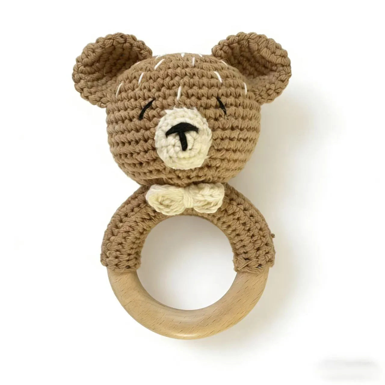 Natural Beech Wood Baby Soothing Teething Ring | CPC Certified Handmade Crochet Cotton Bunny Rattle