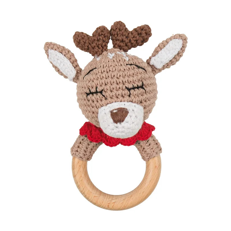 Natural Beech Wood Baby Soothing Teething Ring | CPC Certified Handmade Crochet Cotton Bunny Rattle