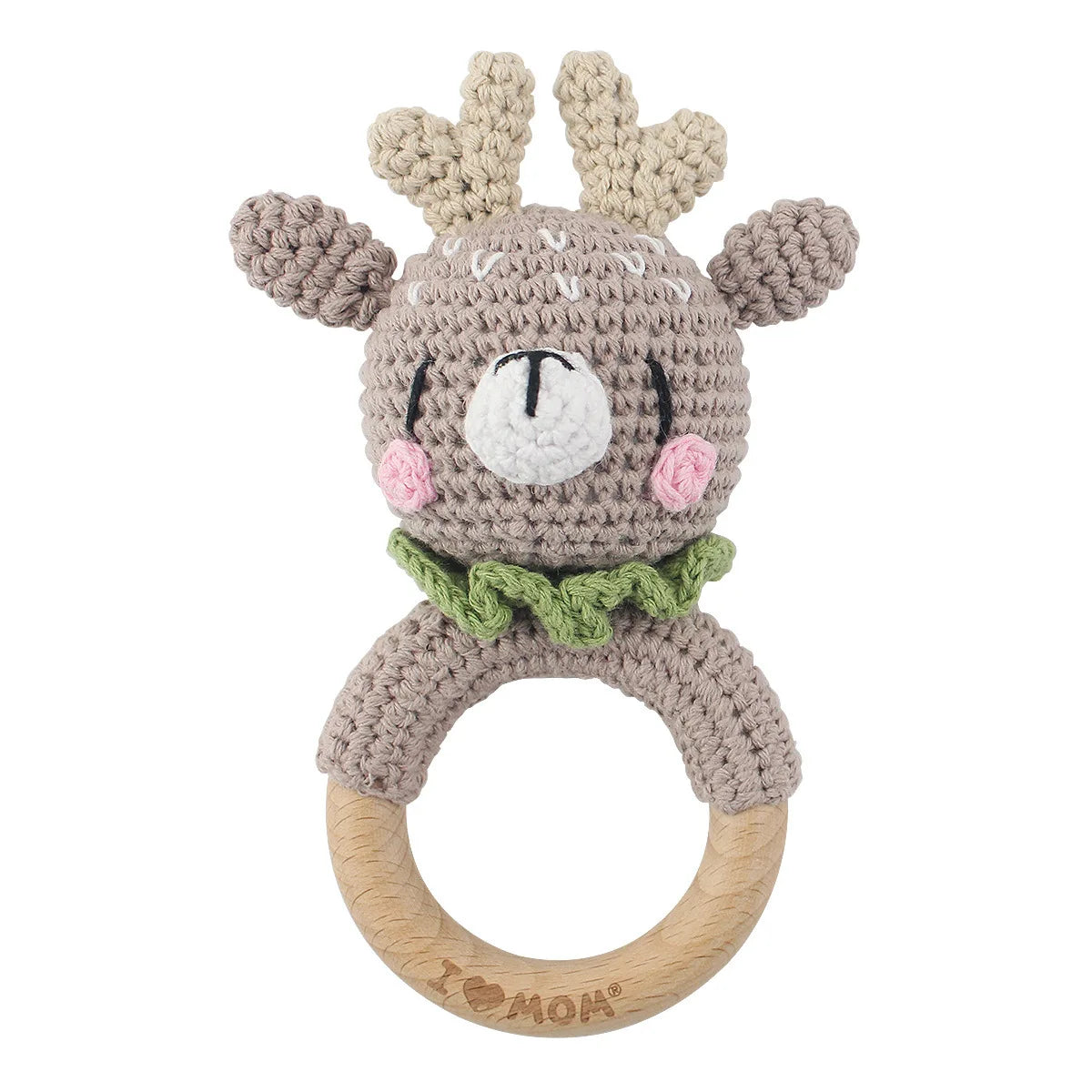 Natural Beech Wood Baby Soothing Teething Ring | CPC Certified Handmade Crochet Cotton Bunny Rattle