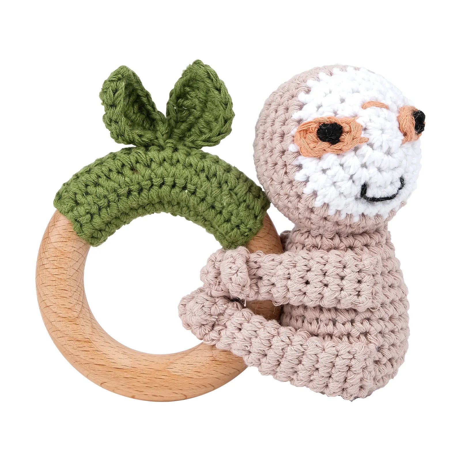 Natural Beech Wood Baby Soothing Teething Ring | CPC Certified Handmade Crochet Cotton Bunny Rattle